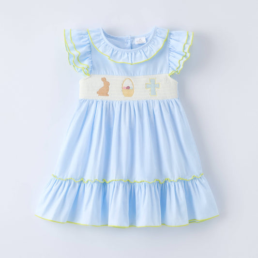 Girls Easter Bunny Eggs Cross Embroidery Smocked Blue Dress