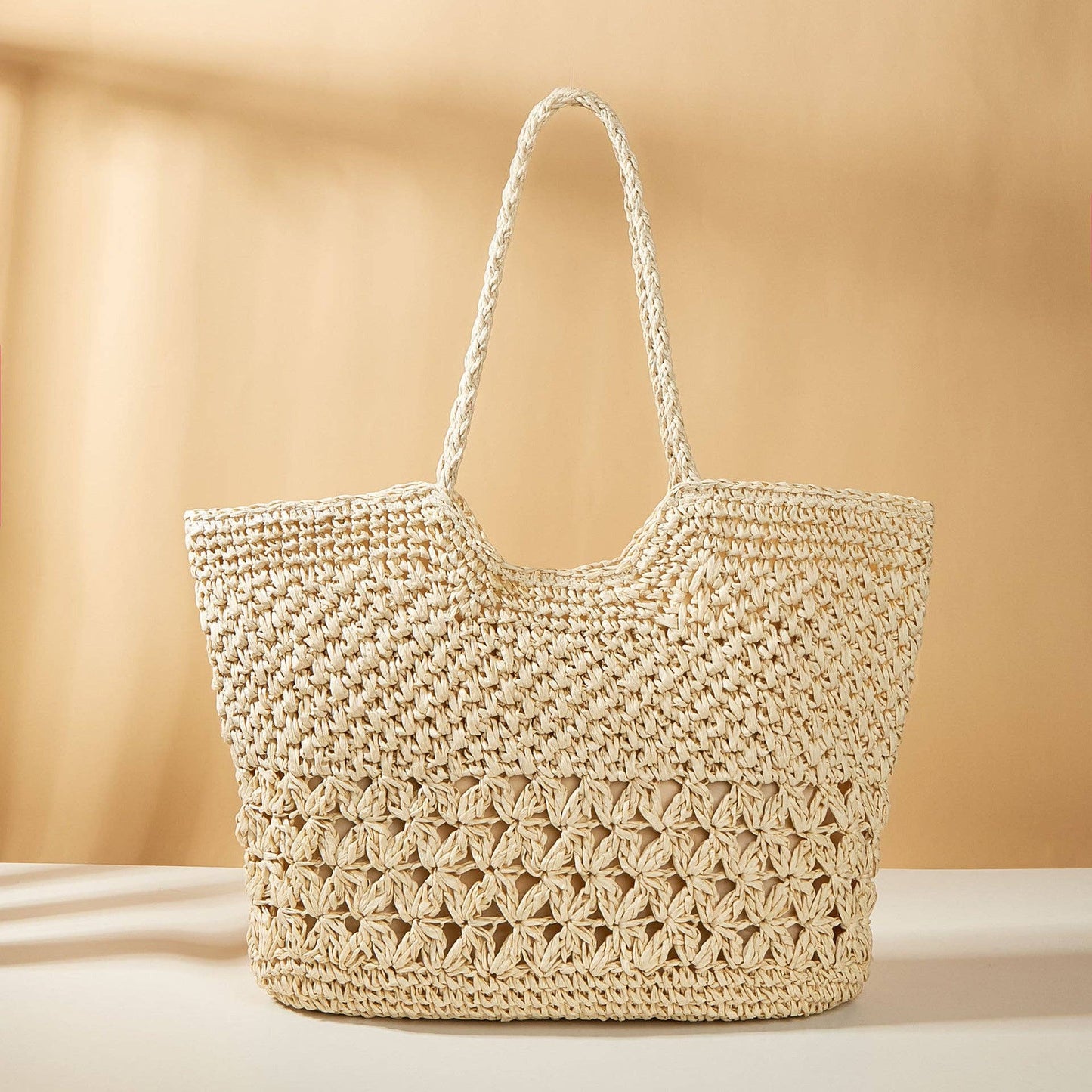 Hollow Woven Straw Shopping Beach Bag: Beige