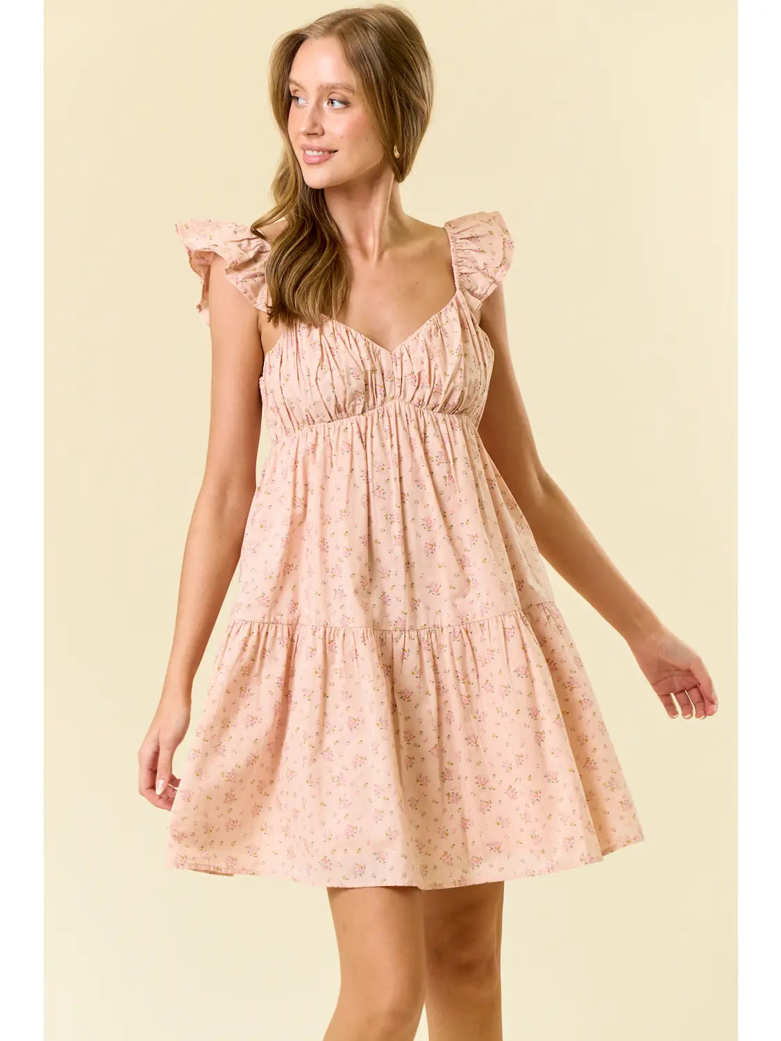 Cotton Floral Tiered Mini Dress W/ Side Pockets