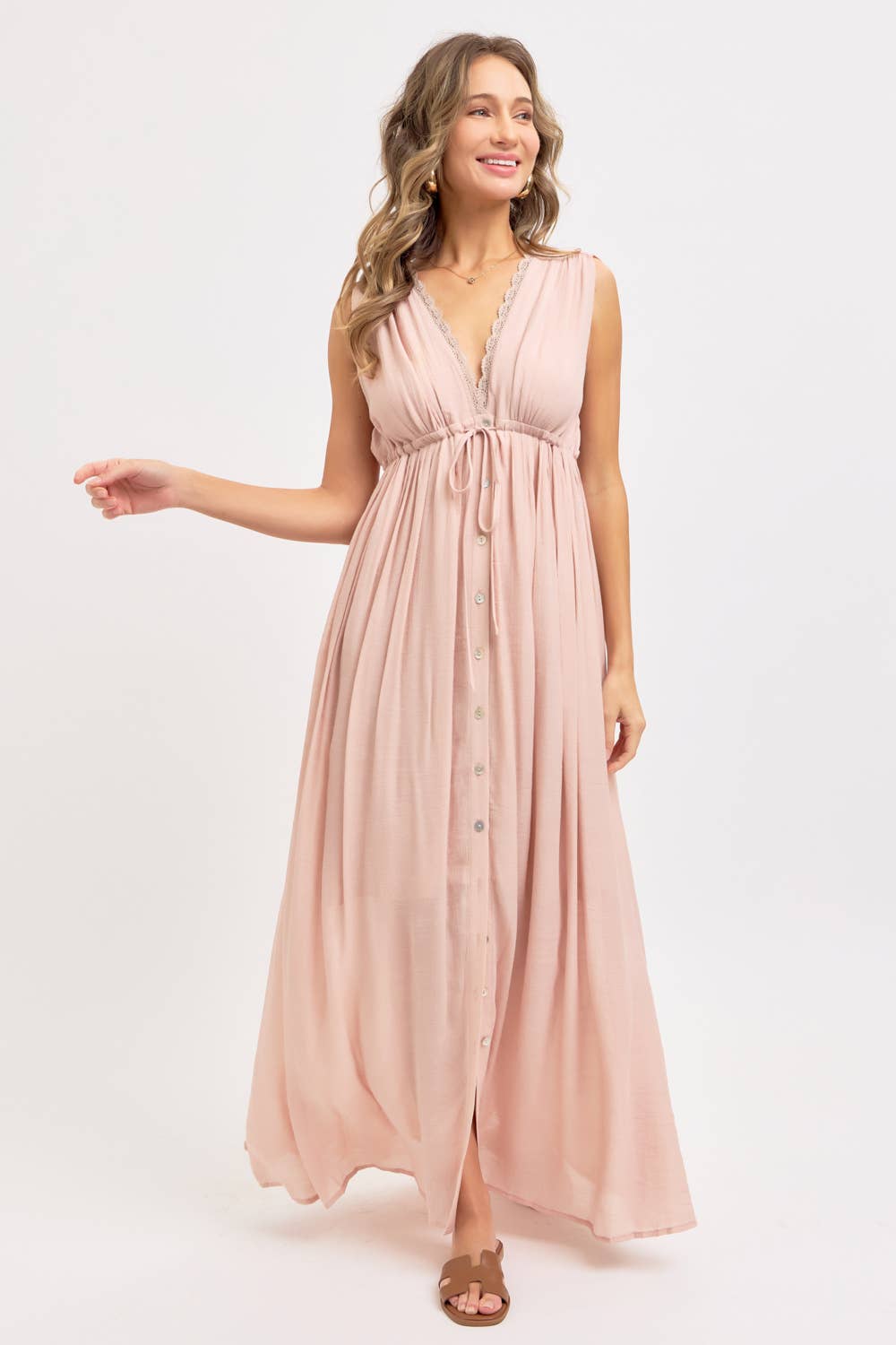 DEEP V NECKLINE MAXI DRESS: NUDE BLUSH / Contemporary