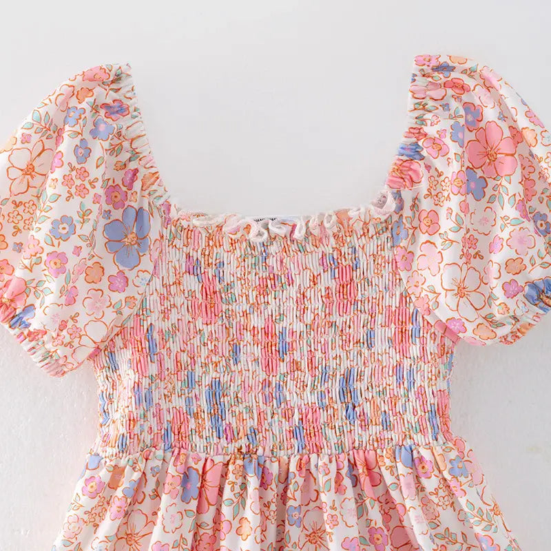 Girls Summer Floral Print Smocked Dress