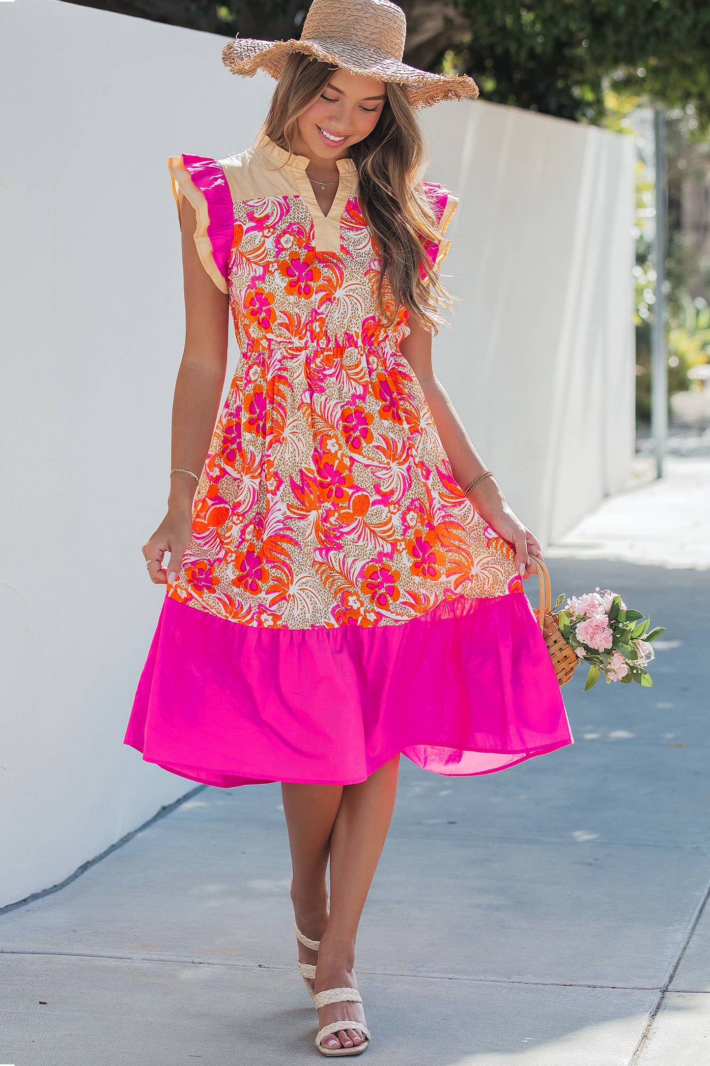 Floral Color Block Ruffled Short Sleeve Flared Midi Dress