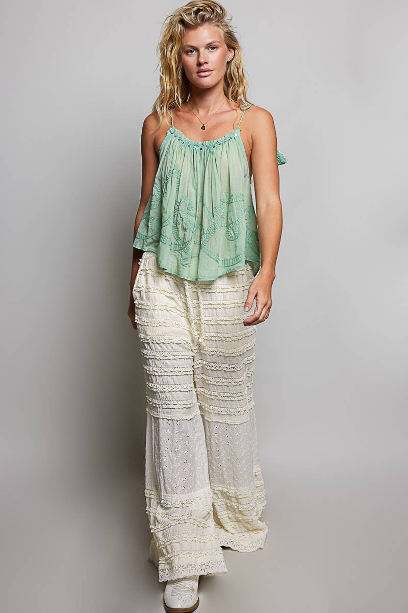 Embroidered Shirred Spangle Tassel Tie Sleeveless Top