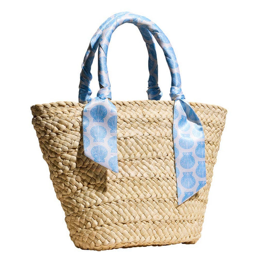 Shell Print Fabric Scarf Wrapped Handle Raffia Tote Bag