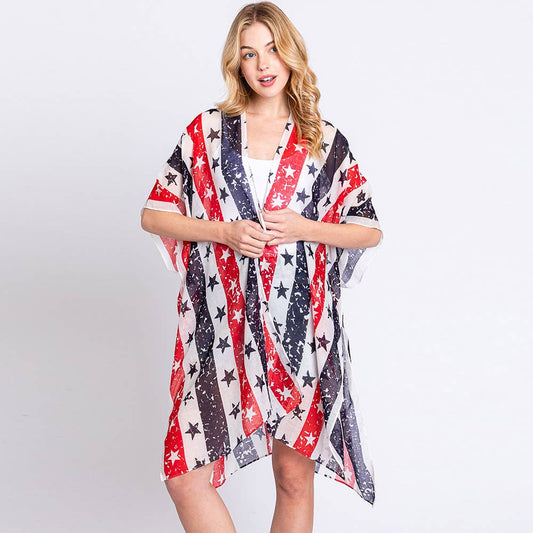 American USA Flag Star Print Kimono Poncho