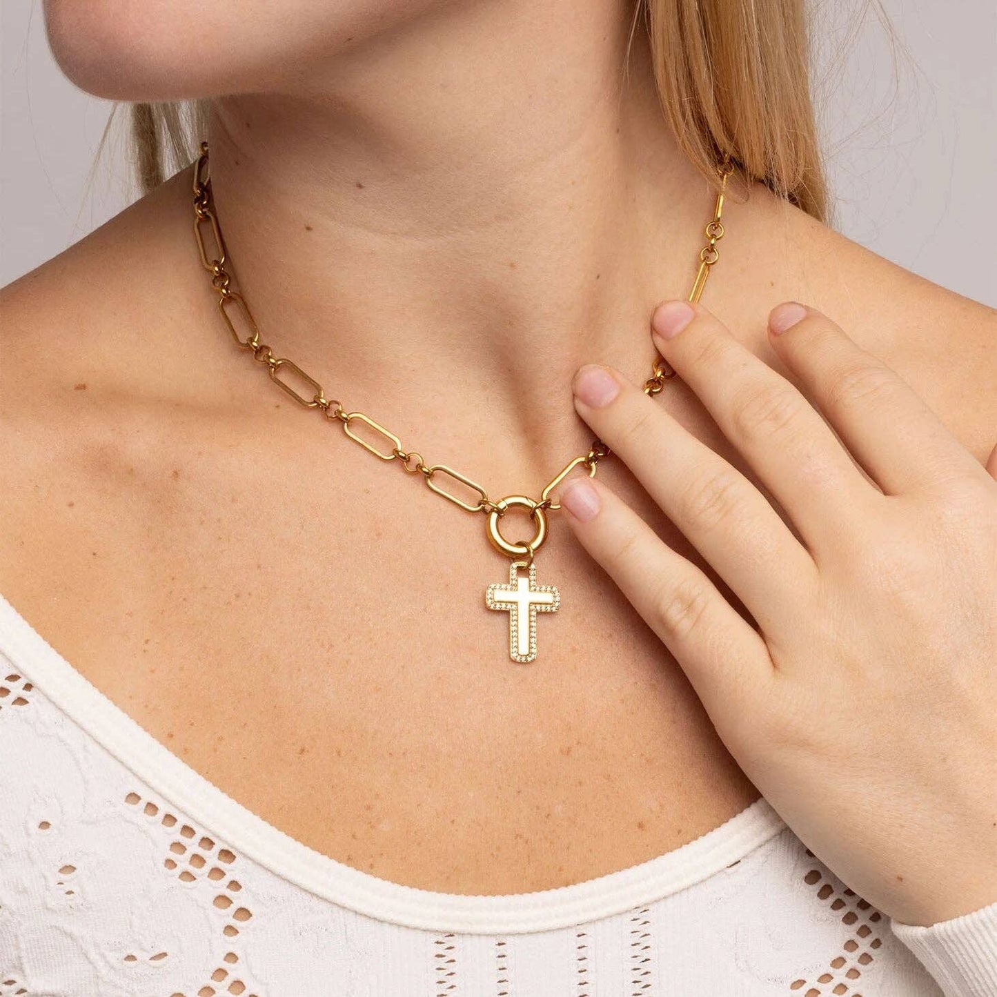 18K Gold PVD Stainless Steel Long Paperclip Charm Necklace