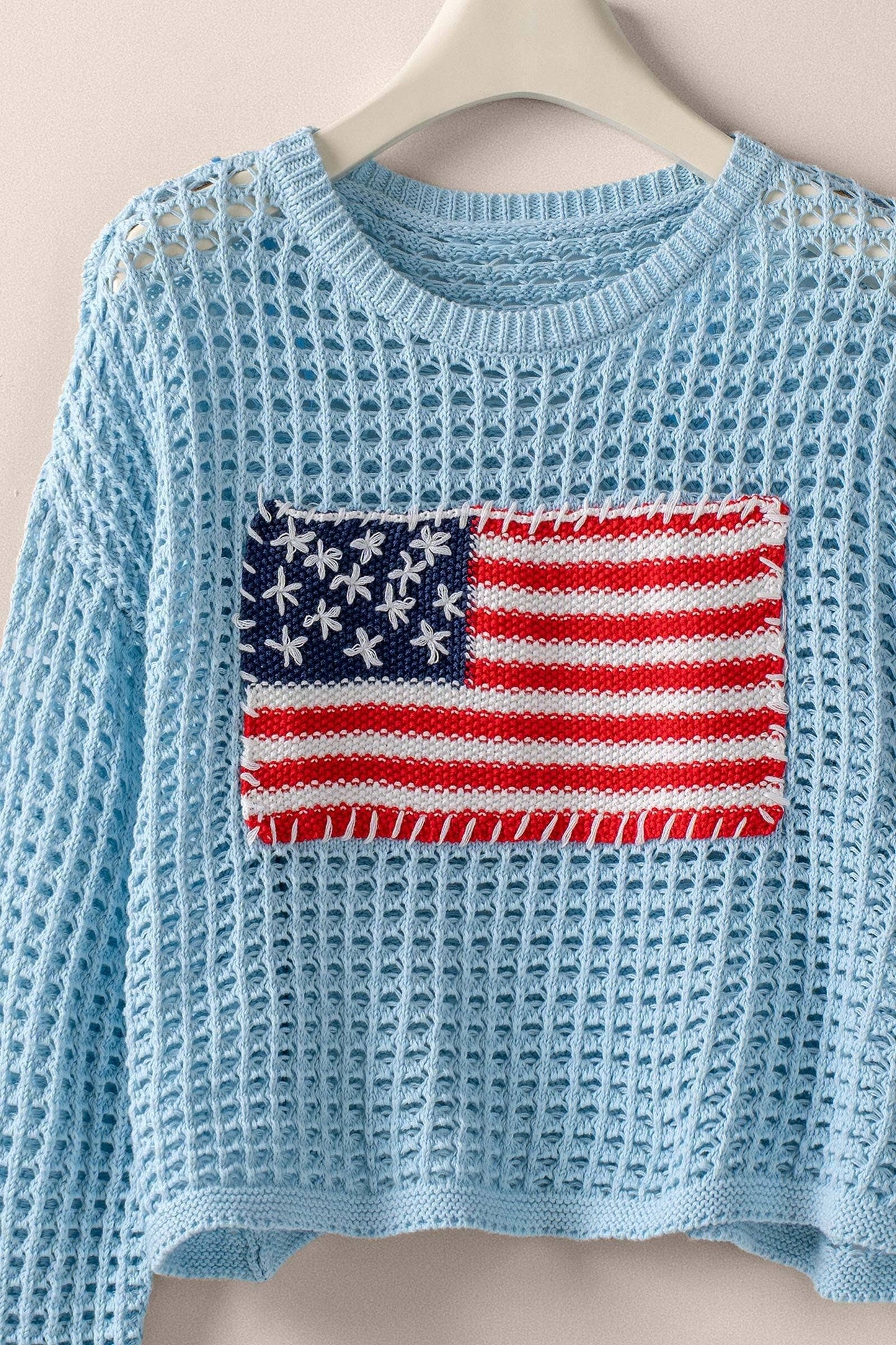 American Flag Patch Open Knit Cotton Sweater
