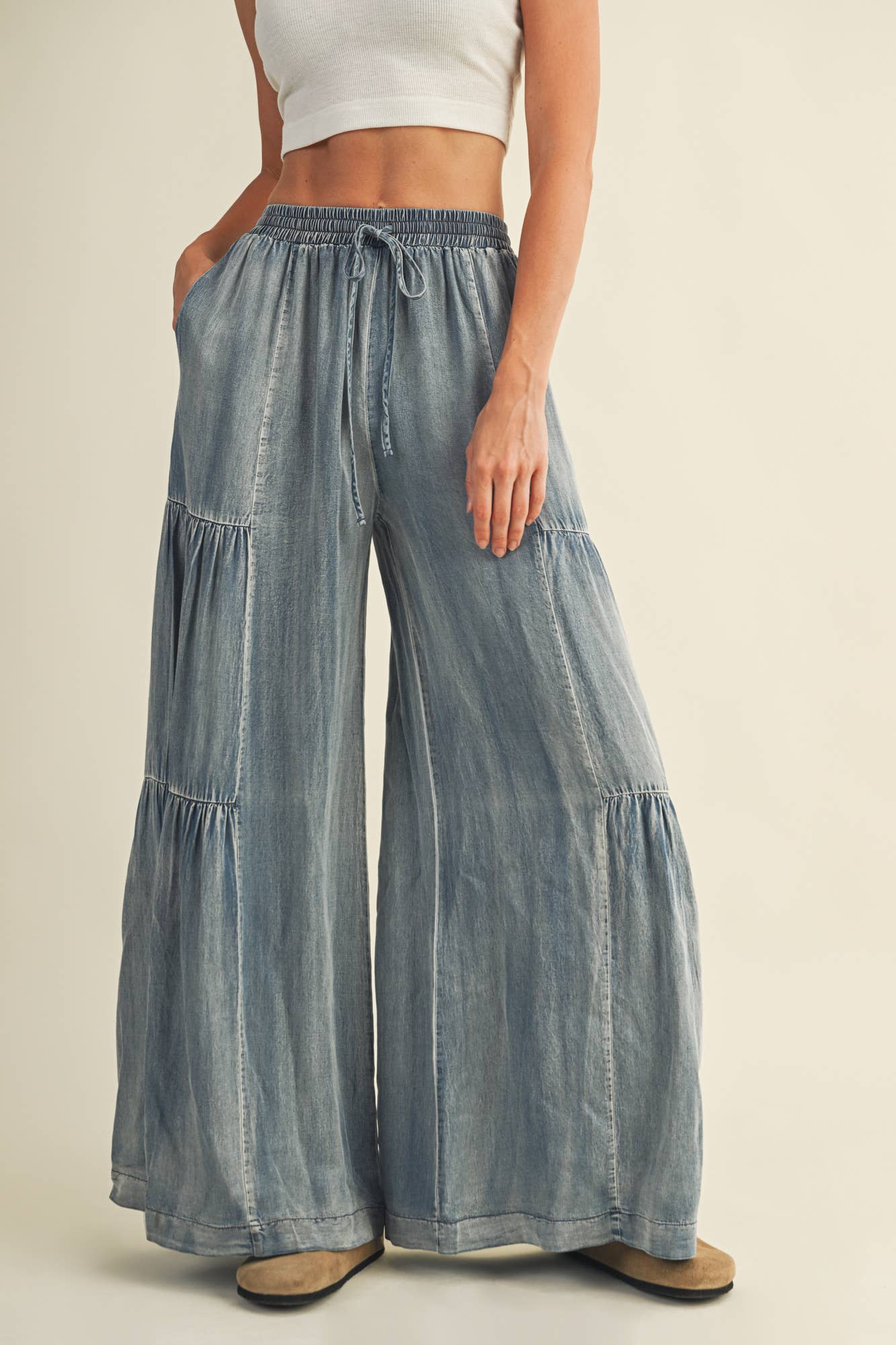 Ruffled Side Washed Denim Wide Pants