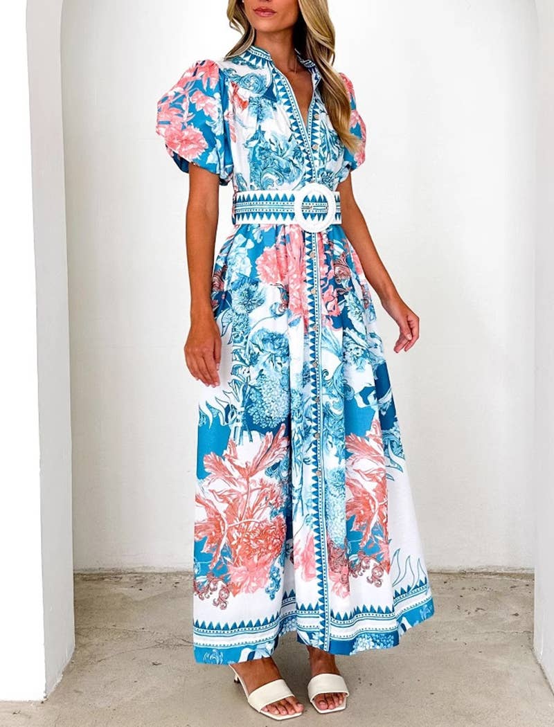 Floral Maxi Dress with Puff Sleeves and Belt