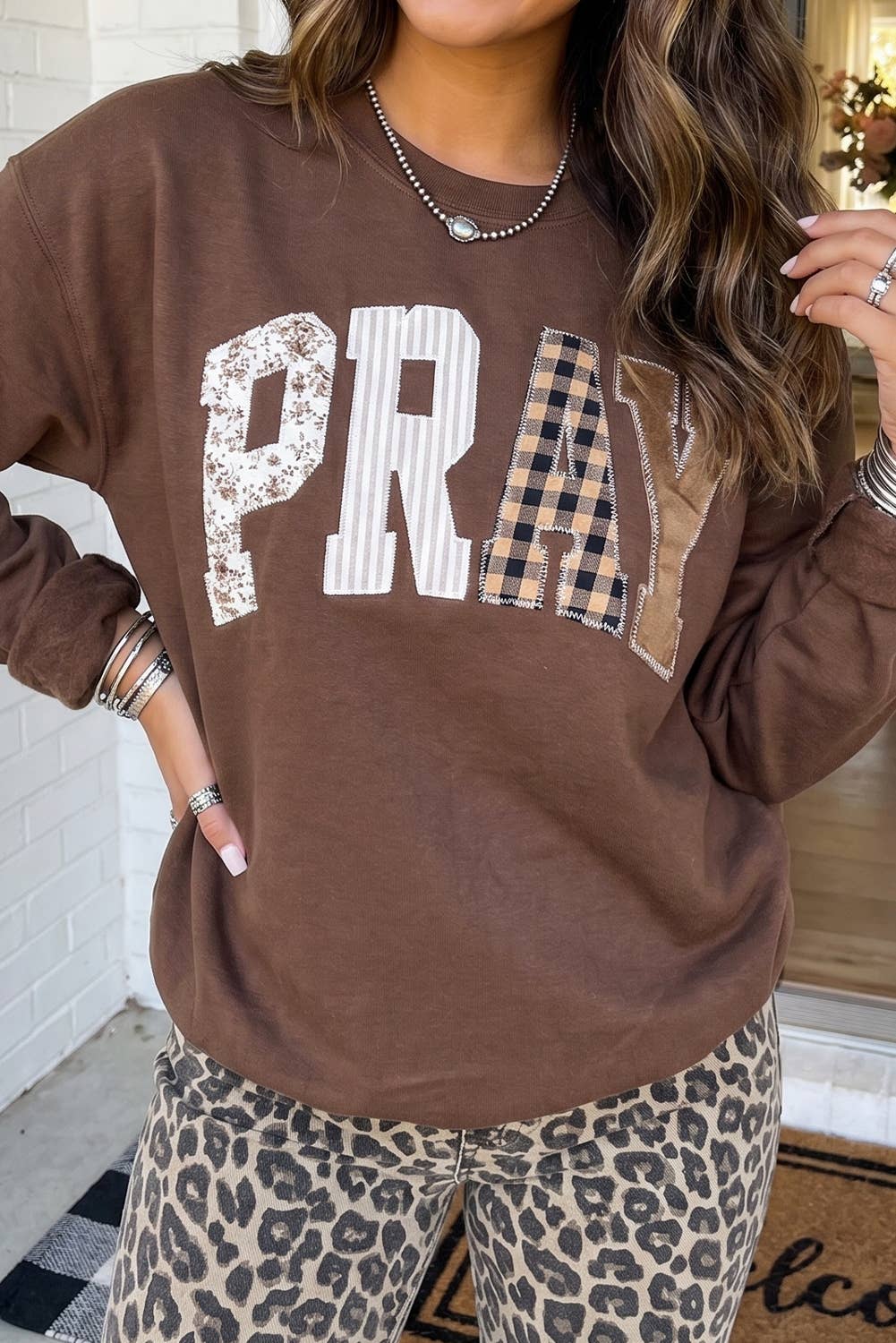 PRAY Plaid Letter Patchwork Sweatshirt