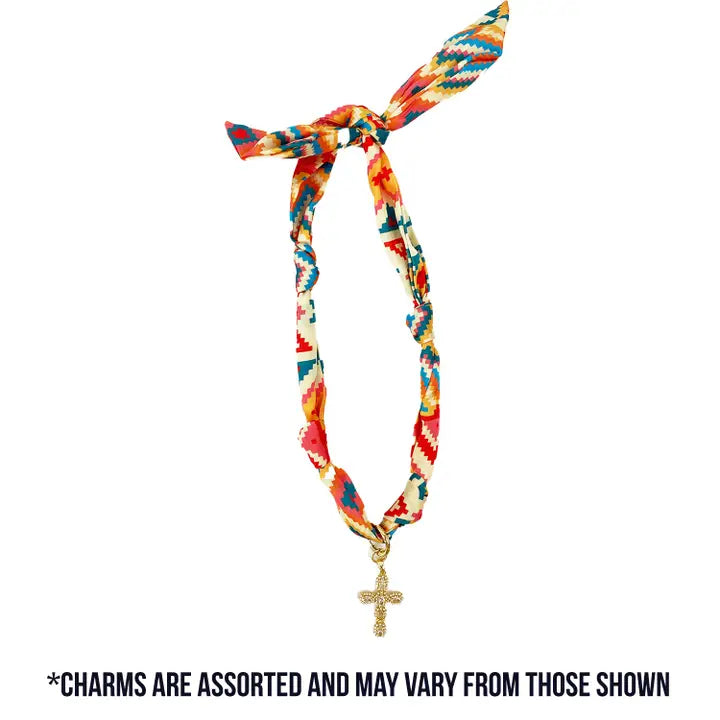 Scarf Necklace with Charm - Multiple Colors
